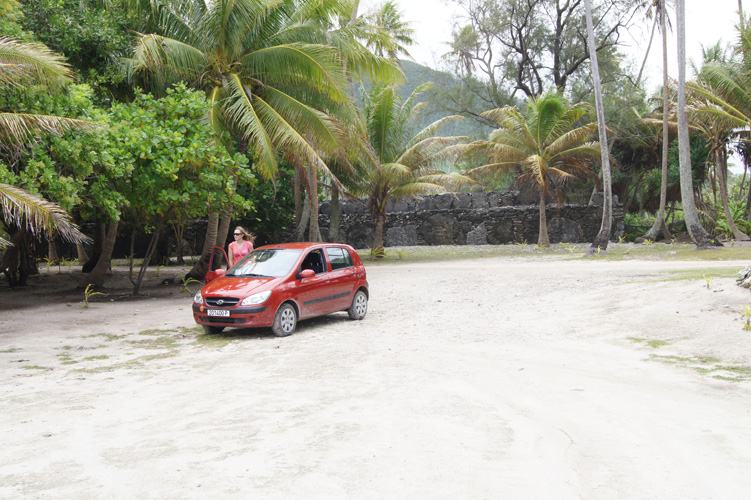 The Fiat Panda we took off-roading in Huahine. Note the ancient temple in the background.