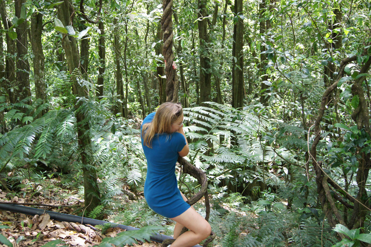 Holly swinging on a vine behind the temple.