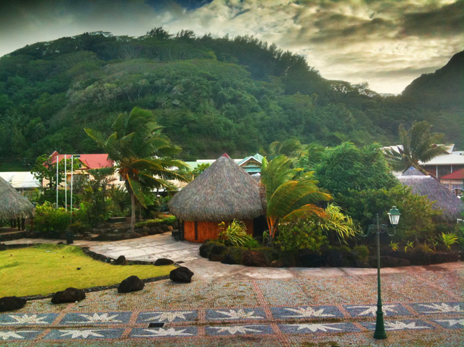 View of the dock in Raiatea from our 	cabin window.